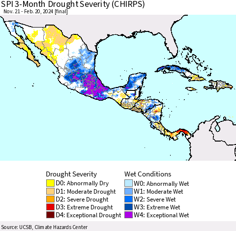 Mexico Central America and the Caribbean SPI 3-Month Drought Severity (CHIRPS) Thematic Map For 11/21/2023 - 2/20/2024
