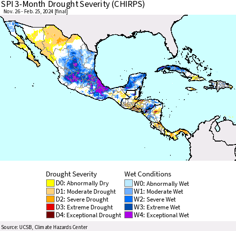 Mexico Central America and the Caribbean SPI 3-Month Drought Severity (CHIRPS) Thematic Map For 11/26/2023 - 2/25/2024