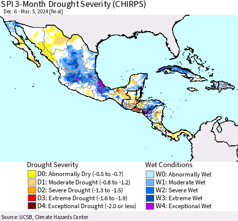 Mexico Central America and the Caribbean SPI 3-Month Drought Severity (CHIRPS) Thematic Map For 12/6/2023 - 3/5/2024