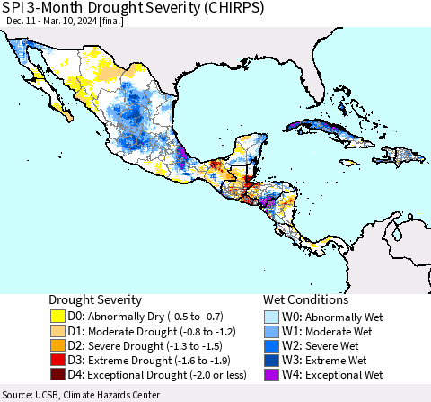 Mexico Central America and the Caribbean SPI 3-Month Drought Severity (CHIRPS) Thematic Map For 12/11/2023 - 3/10/2024