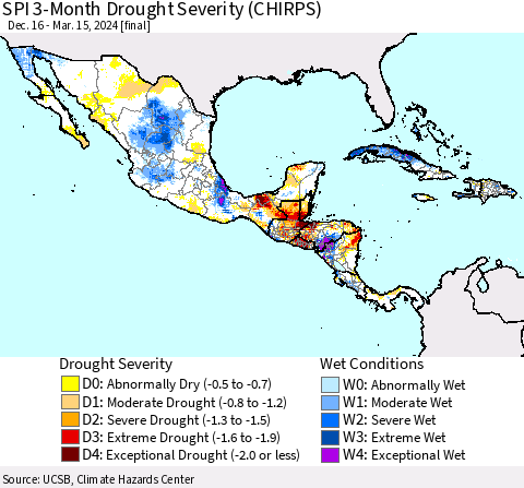 Mexico Central America and the Caribbean SPI 3-Month Drought Severity (CHIRPS) Thematic Map For 12/16/2023 - 3/15/2024