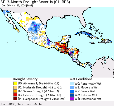 Mexico Central America and the Caribbean SPI 3-Month Drought Severity (CHIRPS) Thematic Map For 12/26/2023 - 3/25/2024