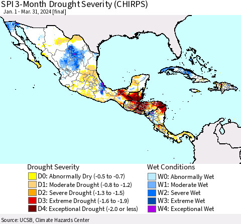 Mexico Central America and the Caribbean SPI 3-Month Drought Severity (CHIRPS) Thematic Map For 1/1/2024 - 3/31/2024