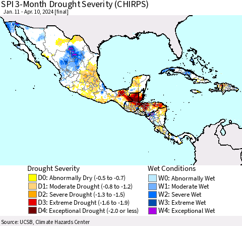 Mexico Central America and the Caribbean SPI 3-Month Drought Severity (CHIRPS) Thematic Map For 1/11/2024 - 4/10/2024