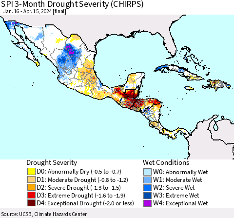 Mexico Central America and the Caribbean SPI 3-Month Drought Severity (CHIRPS) Thematic Map For 1/16/2024 - 4/15/2024