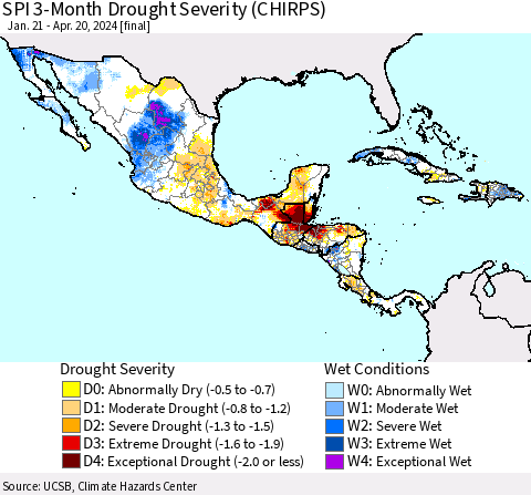 Mexico Central America and the Caribbean SPI 3-Month Drought Severity (CHIRPS) Thematic Map For 1/21/2024 - 4/20/2024