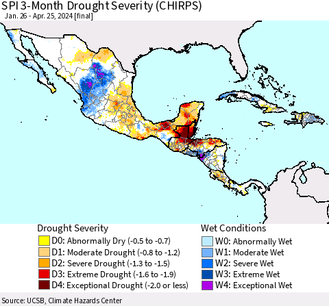 Mexico Central America and the Caribbean SPI 3-Month Drought Severity (CHIRPS) Thematic Map For 1/26/2024 - 4/25/2024