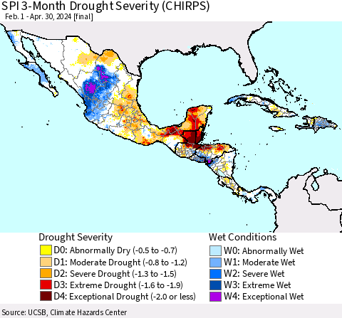 Mexico Central America and the Caribbean SPI 3-Month Drought Severity (CHIRPS) Thematic Map For 2/1/2024 - 4/30/2024