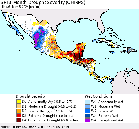 Mexico Central America and the Caribbean SPI 3-Month Drought Severity (CHIRPS) Thematic Map For 2/6/2024 - 5/5/2024