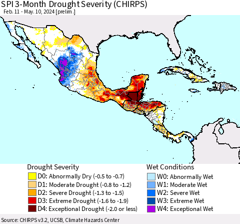 Mexico Central America and the Caribbean SPI 3-Month Drought Severity (CHIRPS) Thematic Map For 2/11/2024 - 5/10/2024