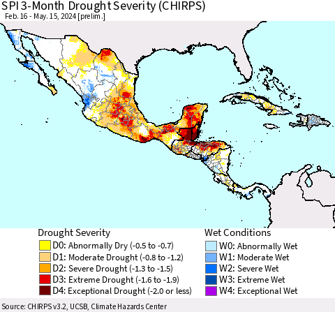 Mexico Central America and the Caribbean SPI 3-Month Drought Severity (CHIRPS) Thematic Map For 2/16/2024 - 5/15/2024