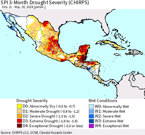 Mexico Central America and the Caribbean SPI 3-Month Drought Severity (CHIRPS) Thematic Map For 2/21/2024 - 5/20/2024