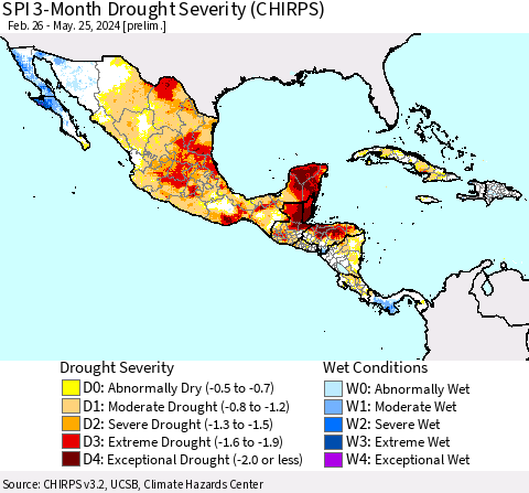 Mexico Central America and the Caribbean SPI 3-Month Drought Severity (CHIRPS) Thematic Map For 2/26/2024 - 5/25/2024
