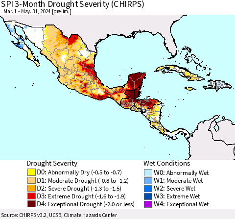 Mexico Central America and the Caribbean SPI 3-Month Drought Severity (CHIRPS) Thematic Map For 3/1/2024 - 5/31/2024