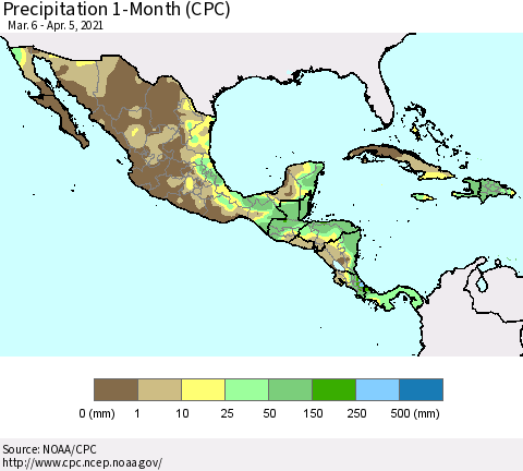 Mexico Central America and the Caribbean Precipitation 1-Month (CPC) Thematic Map For 3/6/2021 - 4/5/2021