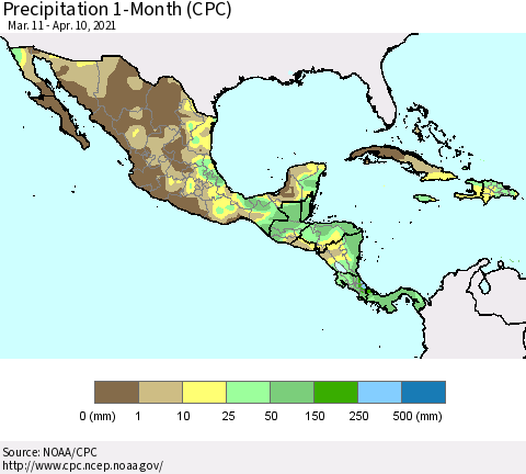 Mexico Central America and the Caribbean Precipitation 1-Month (CPC) Thematic Map For 3/11/2021 - 4/10/2021