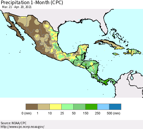 Mexico Central America and the Caribbean Precipitation 1-Month (CPC) Thematic Map For 3/21/2021 - 4/20/2021