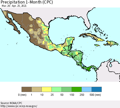 Mexico Central America and the Caribbean Precipitation 1-Month (CPC) Thematic Map For 3/26/2021 - 4/25/2021