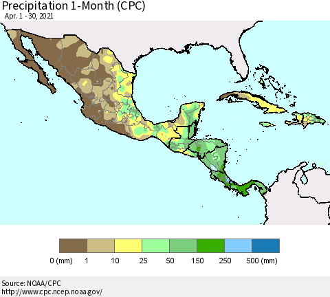 Mexico Central America and the Caribbean Precipitation 1-Month (CPC) Thematic Map For 4/1/2021 - 4/30/2021