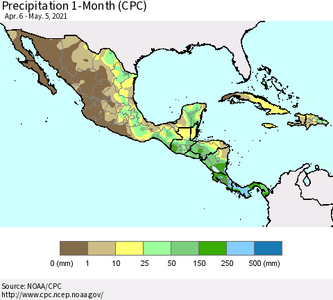 Mexico Central America and the Caribbean Precipitation 1-Month (CPC) Thematic Map For 4/6/2021 - 5/5/2021