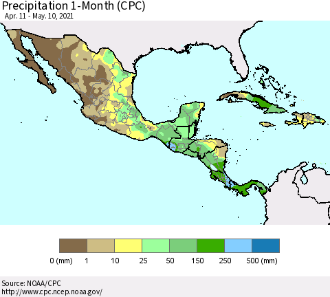 Mexico Central America and the Caribbean Precipitation 1-Month (CPC) Thematic Map For 4/11/2021 - 5/10/2021
