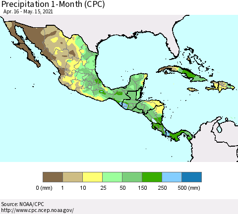 Mexico Central America and the Caribbean Precipitation 1-Month (CPC) Thematic Map For 4/16/2021 - 5/15/2021