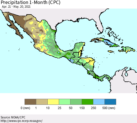 Mexico Central America and the Caribbean Precipitation 1-Month (CPC) Thematic Map For 4/21/2021 - 5/20/2021