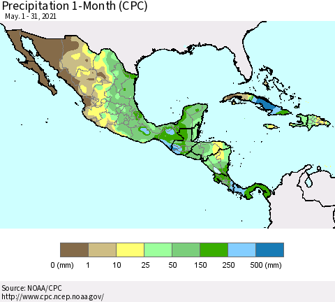 Mexico Central America and the Caribbean Precipitation 1-Month (CPC) Thematic Map For 5/1/2021 - 5/31/2021