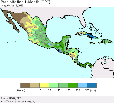 Mexico Central America and the Caribbean Precipitation 1-Month (CPC) Thematic Map For 5/6/2021 - 6/5/2021
