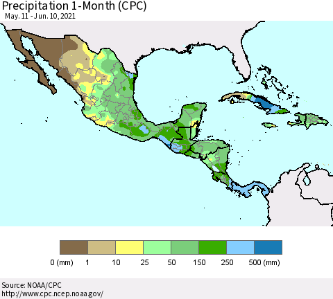 Mexico Central America and the Caribbean Precipitation 1-Month (CPC) Thematic Map For 5/11/2021 - 6/10/2021