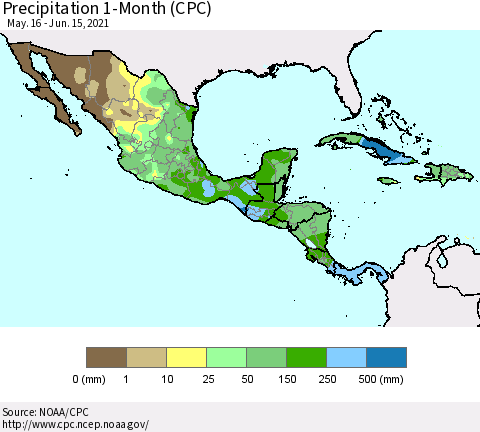Mexico Central America and the Caribbean Precipitation 1-Month (CPC) Thematic Map For 5/16/2021 - 6/15/2021
