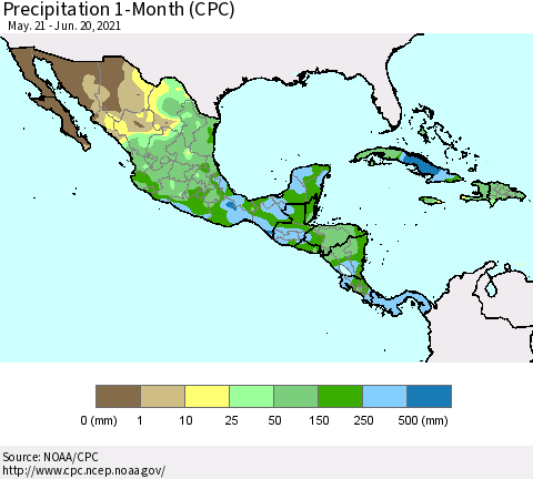 Mexico Central America and the Caribbean Precipitation 1-Month (CPC) Thematic Map For 5/21/2021 - 6/20/2021