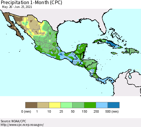 Mexico Central America and the Caribbean Precipitation 1-Month (CPC) Thematic Map For 5/26/2021 - 6/25/2021