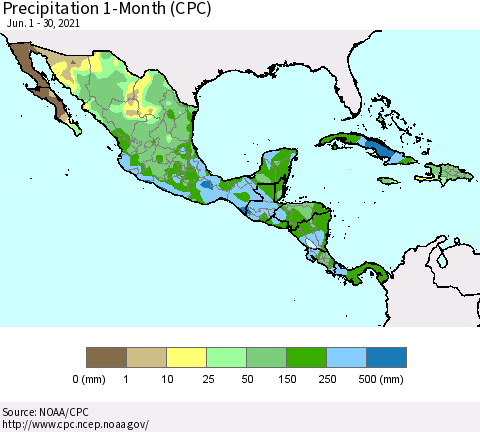 Mexico Central America and the Caribbean Precipitation 1-Month (CPC) Thematic Map For 6/1/2021 - 6/30/2021