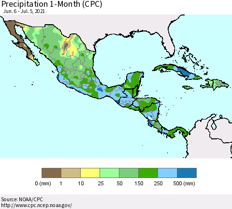 Mexico Central America and the Caribbean Precipitation 1-Month (CPC) Thematic Map For 6/6/2021 - 7/5/2021