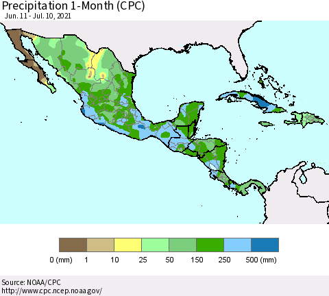 Mexico Central America and the Caribbean Precipitation 1-Month (CPC) Thematic Map For 6/11/2021 - 7/10/2021