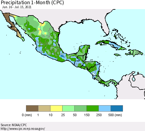 Mexico Central America and the Caribbean Precipitation 1-Month (CPC) Thematic Map For 6/16/2021 - 7/15/2021