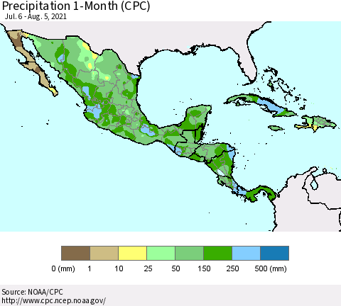 Mexico Central America and the Caribbean Precipitation 1-Month (CPC) Thematic Map For 7/6/2021 - 8/5/2021