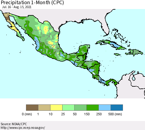 Mexico Central America and the Caribbean Precipitation 1-Month (CPC) Thematic Map For 7/16/2021 - 8/15/2021
