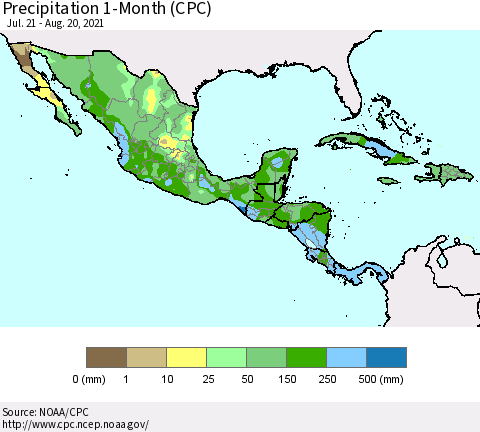 Mexico Central America and the Caribbean Precipitation 1-Month (CPC) Thematic Map For 7/21/2021 - 8/20/2021