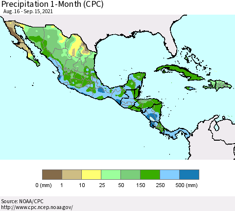 Mexico Central America and the Caribbean Precipitation 1-Month (CPC) Thematic Map For 8/16/2021 - 9/15/2021
