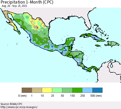 Mexico Central America and the Caribbean Precipitation 1-Month (CPC) Thematic Map For 8/26/2021 - 9/25/2021