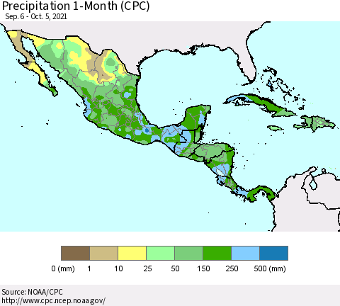 Mexico Central America and the Caribbean Precipitation 1-Month (CPC) Thematic Map For 9/6/2021 - 10/5/2021
