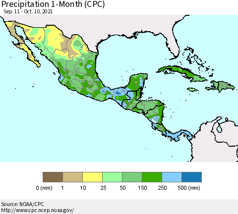 Mexico Central America and the Caribbean Precipitation 1-Month (CPC) Thematic Map For 9/11/2021 - 10/10/2021