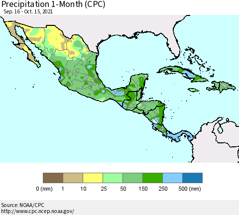 Mexico Central America and the Caribbean Precipitation 1-Month (CPC) Thematic Map For 9/16/2021 - 10/15/2021