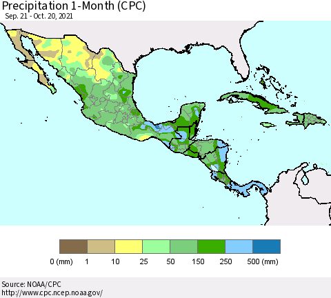 Mexico Central America and the Caribbean Precipitation 1-Month (CPC) Thematic Map For 9/21/2021 - 10/20/2021