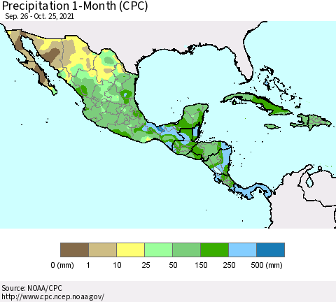 Mexico Central America and the Caribbean Precipitation 1-Month (CPC) Thematic Map For 9/26/2021 - 10/25/2021
