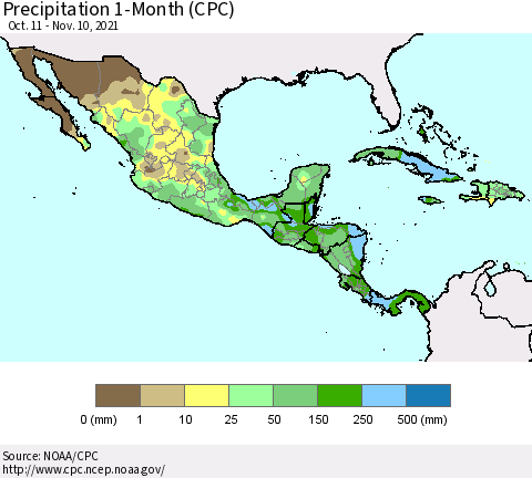 Mexico Central America and the Caribbean Precipitation 1-Month (CPC) Thematic Map For 10/11/2021 - 11/10/2021