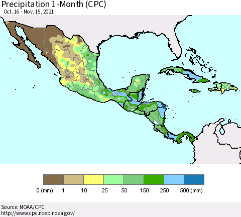 Mexico Central America and the Caribbean Precipitation 1-Month (CPC) Thematic Map For 10/16/2021 - 11/15/2021