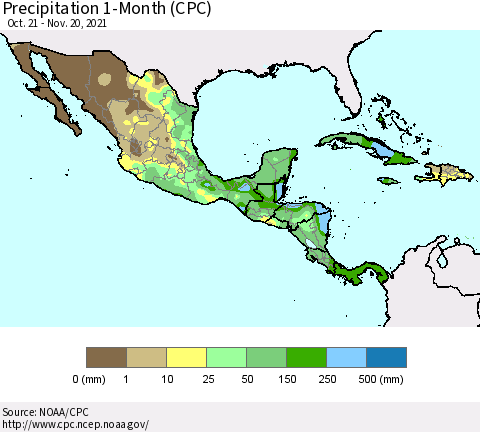 Mexico Central America and the Caribbean Precipitation 1-Month (CPC) Thematic Map For 10/21/2021 - 11/20/2021